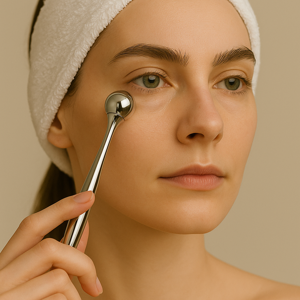 Специальный прибор Eye Precision massager от Ericson Laboratoire из нержавеющей стали оказывает охлаждающее воздействие, что способствует сужению сосудов, уменьшению отечности и осветлению зоны под глазами.